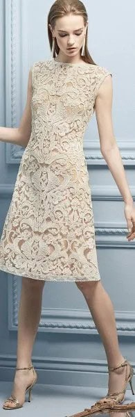 Ivory Mock Neck Sleeveless Lace Knee Length Dress with Open Toe Heels