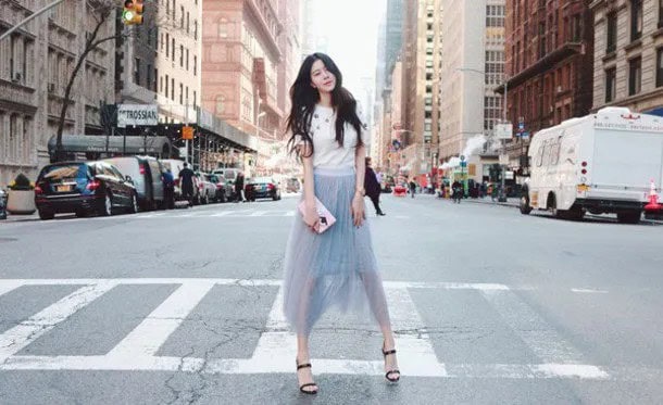 White Print Tee with Teal Chiffon Sheer Maxi Skirt