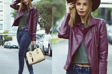 Purple Leather Jacket with Grey Crop Top & Blue Jeans