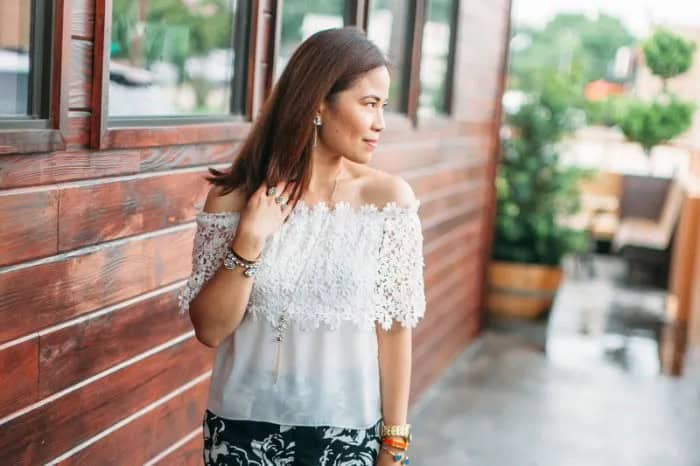 White Off The Shoulder Semi-Sheer Lace & Chiffon Top with Black Floral Printed Skirt