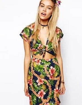 Navy Blue Two-Piece Hawaiian Print Midi Dress