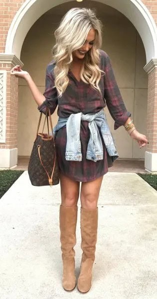 Light Brown Suede Boots with Plaid Shirt Dress