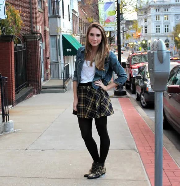 Grey Denim Jacket with Black Plaid Skirt & Leggings