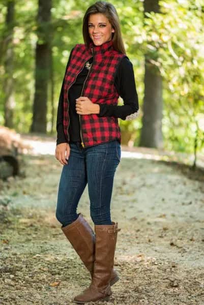 Red and Black Plaid Mock Neck Vest with Brown Leather Knee High Boots