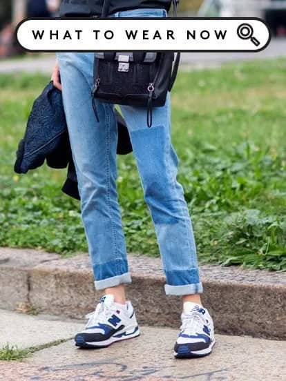 Slim Fit Cuffed Jeans with White and Blue Denim and Plastic Running Shoes