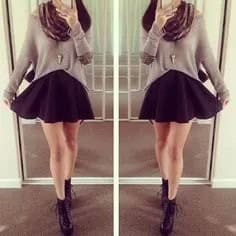 Grey Relaxed Fit Sweater with Scarf & Black Mini Skater Skirt