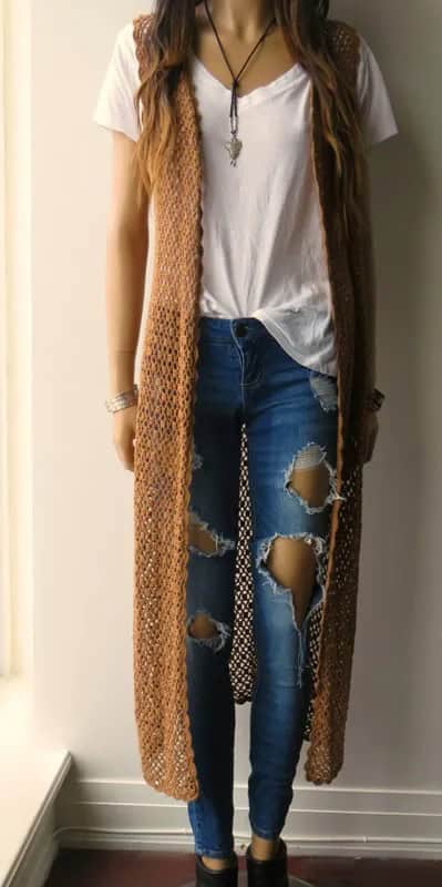 Long Sleeveless Crochet Cardigan