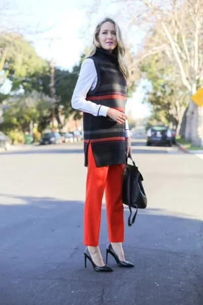 White Long Sleeve Blouse with Grey Striped Turtleneck Sleeveless Tunic Top