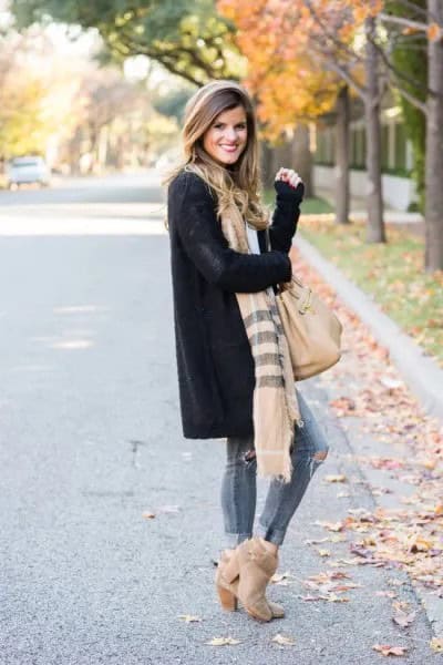 Black Longline Cardigan Sweater with Striped Scarf & Suede Boots