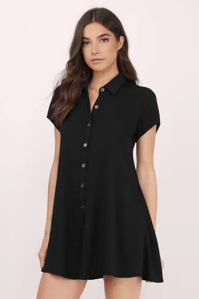 All-Black Button Up Mini Slightly Flared Shirt Dress