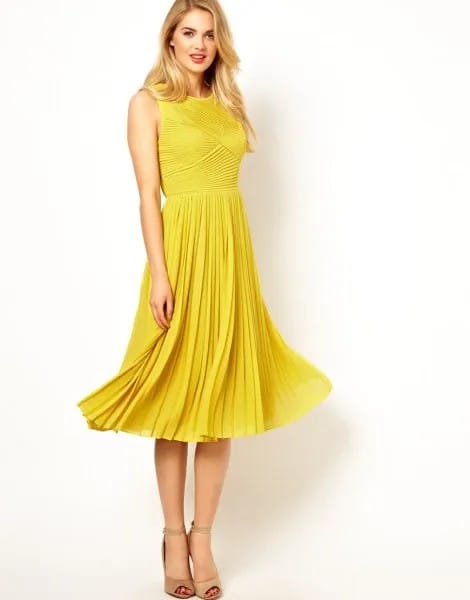 Fit and Flare Pleated Midi Dress with Open Toe Heels