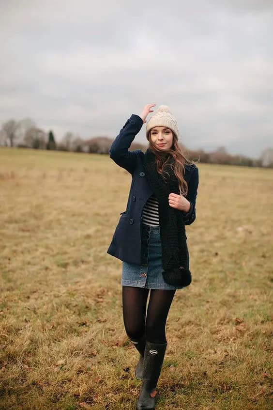 Long or Short Black Coat + Denim Skirt