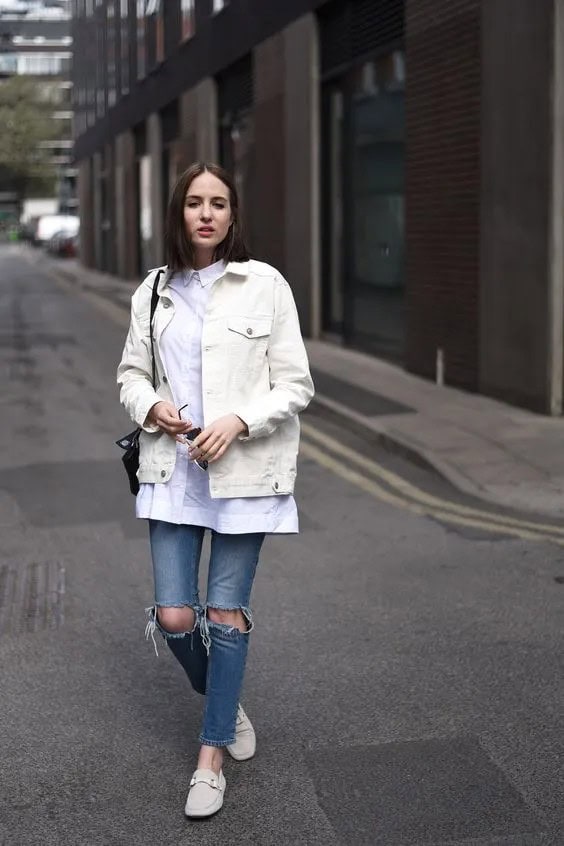 White Denim Jacket + Blue Jeans