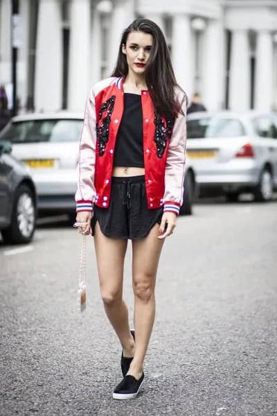 Red and Pale Pink Baseball Bomber Jacket with Mini Black Shorts