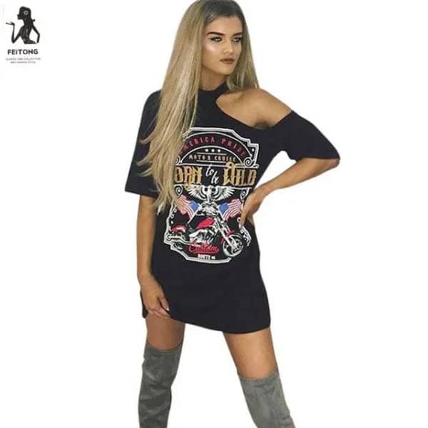 Black One Shoulder Printed Tunic Tee with Grey Thigh High Suede Boots