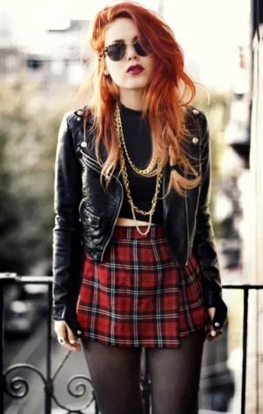 Black Short Punk Leather Jacket with Red Plaid Mini Skirt