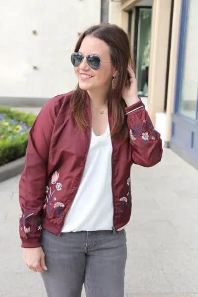 Embroidered Bomber Jacket with White Chiffon Top