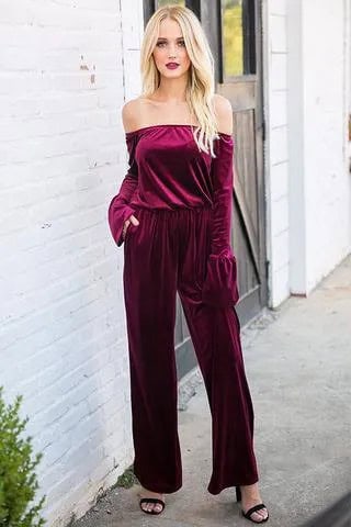 Green Off The Shoulder Velvet Jumpsuit