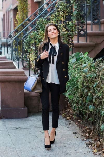 White Chiffon Bow Blouse with Black Blazer & Jeans