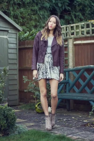 Purple Leather Jacket with Grey Tee & Silver Velvet Skirt