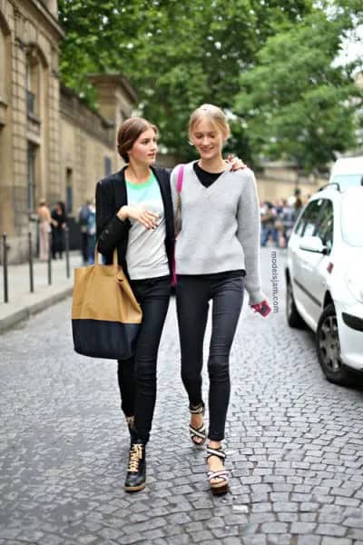 Grey V Neck Sweater with Black Crew Neck Tee & Dark Jeans