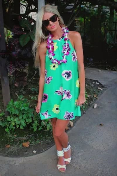 Green Halter Midi Hawaiian Style Dress with White Open Toe Heels