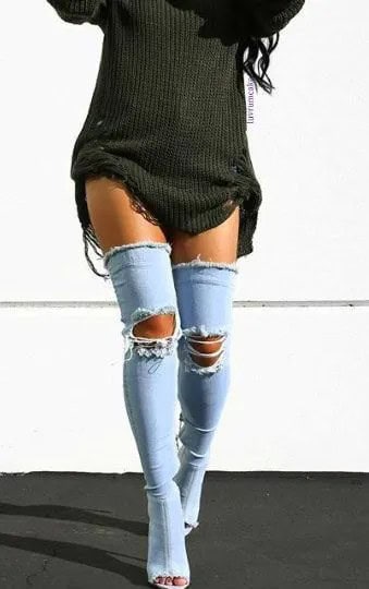 Dark Grey Ribbed Sweater Dress with Blue Denim Ripped Open Toe Long Boots