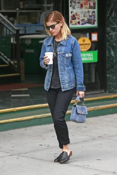 Blue Denim Jacket with Black Cuffed Jeans