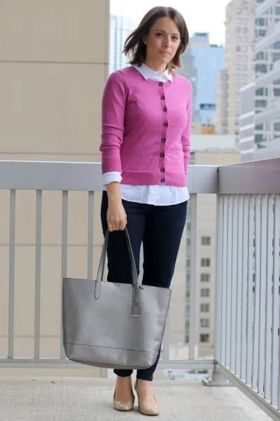 Button Up Pink Short Cardigan with White Collar Shirt