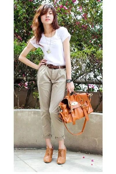 White T Shirt with Light Brown Cuffed Chinos