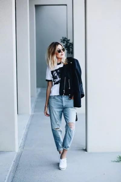 Ripped Jeans with White Print Tee & Black Leather Jacket