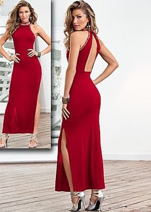 Red Satin Backless Maxi Dress with Silver Strappy Heels