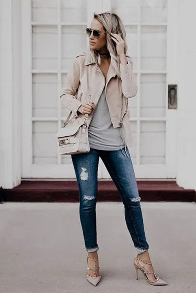 Pale Pink Blazer with Grey Tank Top & Cuffed Ripped Jeans