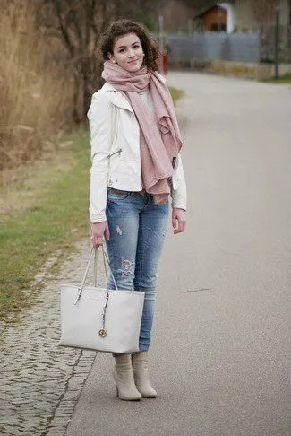 White Leather Blazer with Blue Cuffed Jeans & Pink Heeled Boots