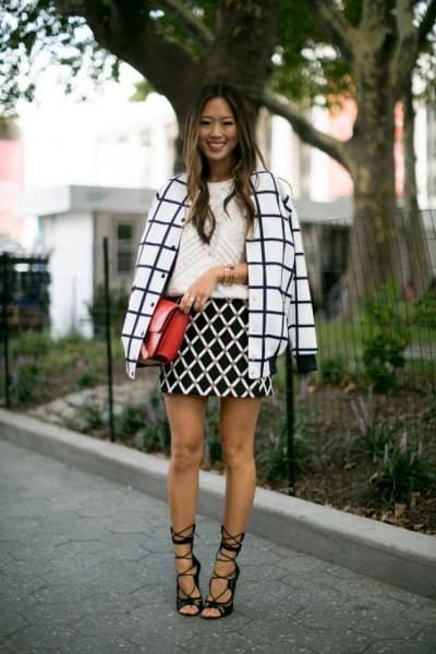 Black and White Plaid Wool Coat with Heeled Black Lace Up Sandals