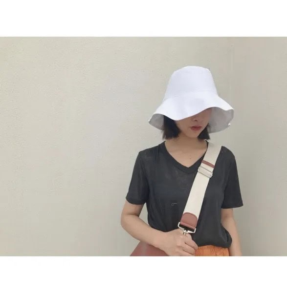 White Bucket Hat with Dark Grey Tee & Orange Midi Flared Skirt