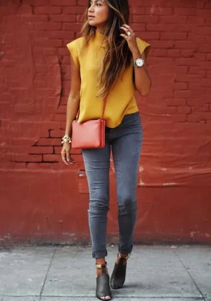 Mustard Mock Neck Sleeveless Blouse with Grey Cuffed Skinny Jeans