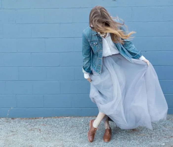 Blue Denim Jacket with White Button Up Shirt & Light Blue Tulle Maxi Skirt