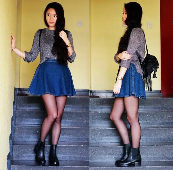 Grey Sequin Sweater with Blue Mini Denim Circle Skirt