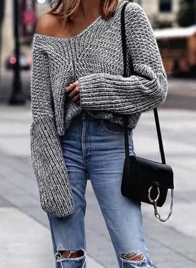 Grey One Shoulder Oversized Knit Sweater with Ripped Boyfriend Jeans