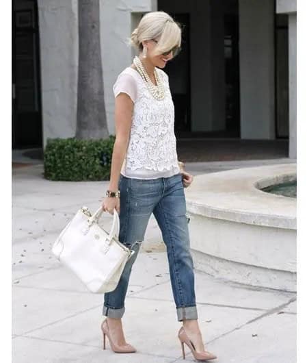 White Lace Short Sleeve Blouse with Greyish Blue Cuffed Slim Fit Jeans