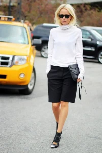 White Turtleneck Sweater with Black Knee Length Shorts