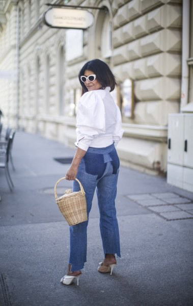 White Button Up Blouse with Mom Jeans