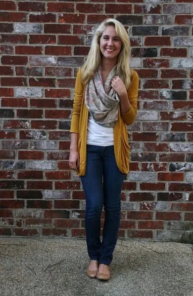 Gold Cardigan with Blush Pink Infinity Scarf