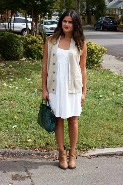 White Babydoll Mini Dress with Blush Pink Buttoned Sweater Vest