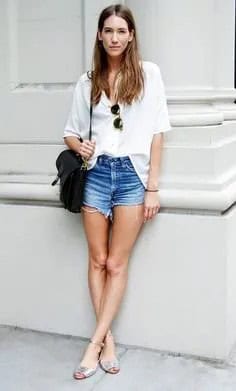 White Button Up Shirt with Blue Mini Denim Shorts