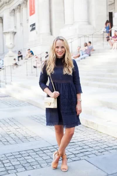 Navy Three Quarter Sleeve Mock Neck Fit and Flare Mini Dress