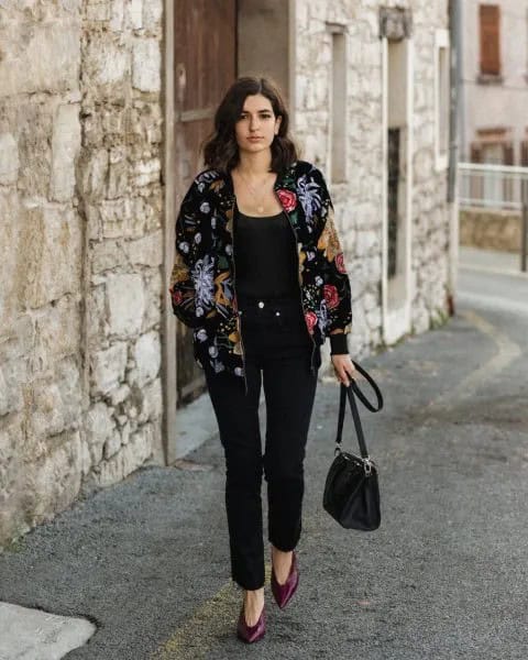 Black Floral Embroidered Velvet Bomber Jacket with Scoop Neck Tank Top