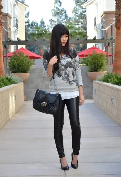 Grey Printed Sweater with White Chiffon Blouse & Black Leather Quilted Purse