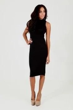 Black Mock Neck Sleeveless Midi Bodycon Dress with Pink Leather Heels